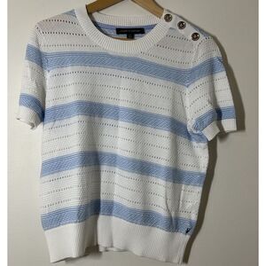 Tommy Hilfiger 100% Cotton Blue and White Striped Crewneck Short Sleeve Sweater